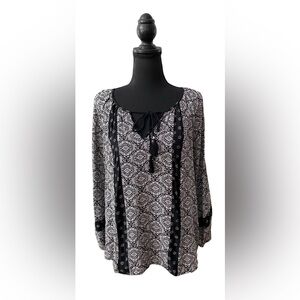 DR2: Black and White Patterned Blouse with Tassel Ties